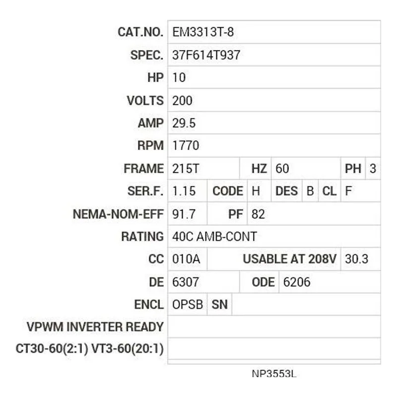 EM3313T-8 Baldor 10 HP, 1770 RPM, 3 PH, 60 HZ, 215T, 3739M, OPSB, F1 Motor Nameplate - view 2