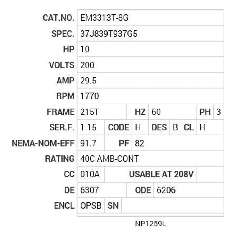 EM3313T-8G Baldor 10 HP, 1770 RPM, 3 PH, 60 HZ, 215T, 3739M, OPSB, F1 Motor Nameplate - view 2