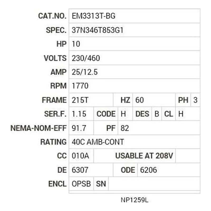 EM3313T-BG Baldor 10 HP, 1770 RPM, 3 PH, 60 HZ, 215T, 3739M, OPSB, F1 Motor Nameplate - view 2