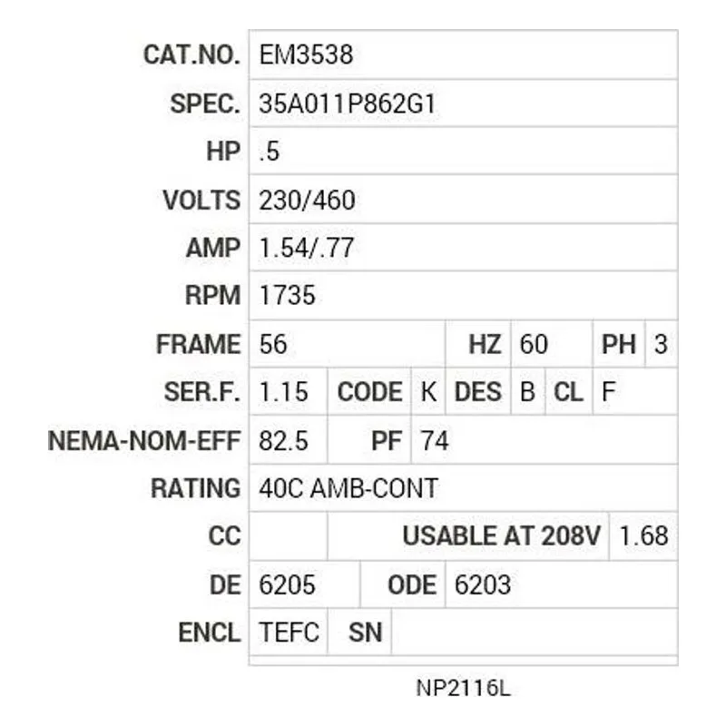 EM3538 Baldor .5 HP, 1750 RPM, 3 PH, 60 HZ, 56, 3516M, TEFC, F1, N Motor Nameplate - view 2