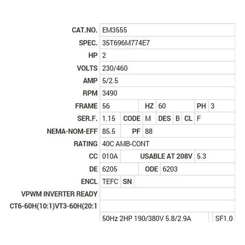 EM3555 Baldor 2 HP, 3490 RPM, 3 PH, 60 HZ, 56, 3526M, TEFC, F1, N Motor Nameplate - view 2