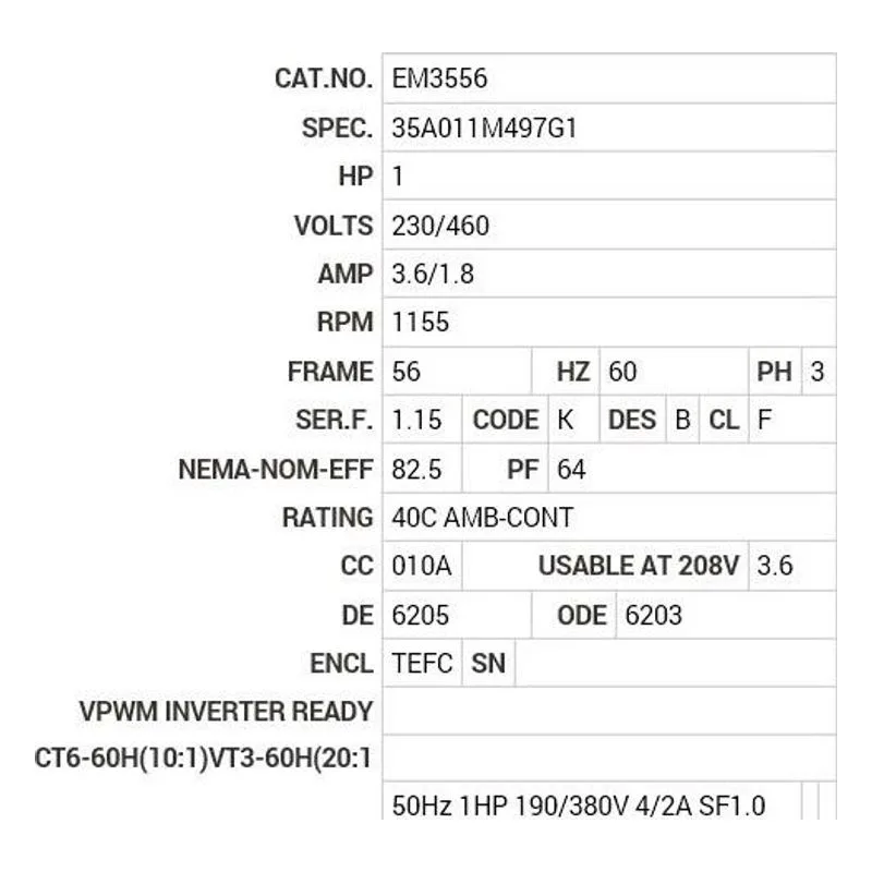 EM3556 Baldor 1 HP, 1155 RPM, 3 PH, 60 HZ, 56, 3526M, TEFC, F1, N Motor Nameplate - view 2