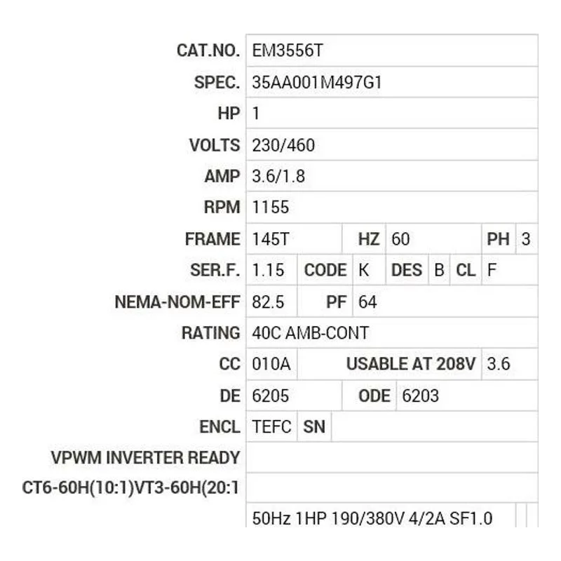 EM3556T Baldor 1 HP, 1155 RPM, 3 PH, 60 HZ, 145T, 3526M, TEFC, F1 Motor Nameplate - view 2