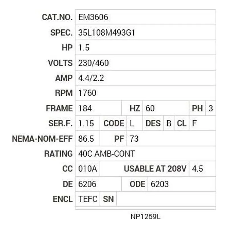 EM3606 Baldor 1.5 HP, 1760 RPM, 3 PH, 60 HZ, 184, 3526M, TEFC, F1 Motor Nameplate - view 2