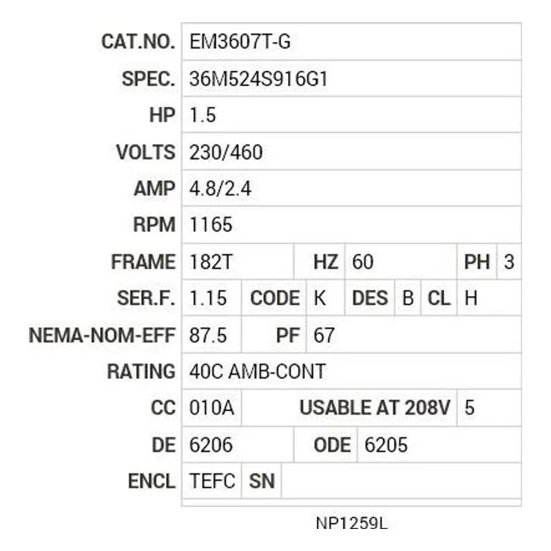 EM3607T-G Baldor 1.5 HP, 1165 RPM, 3 PH, 60 HZ, 182T, 3632M, TEFC, F Motor Nameplate - view 2