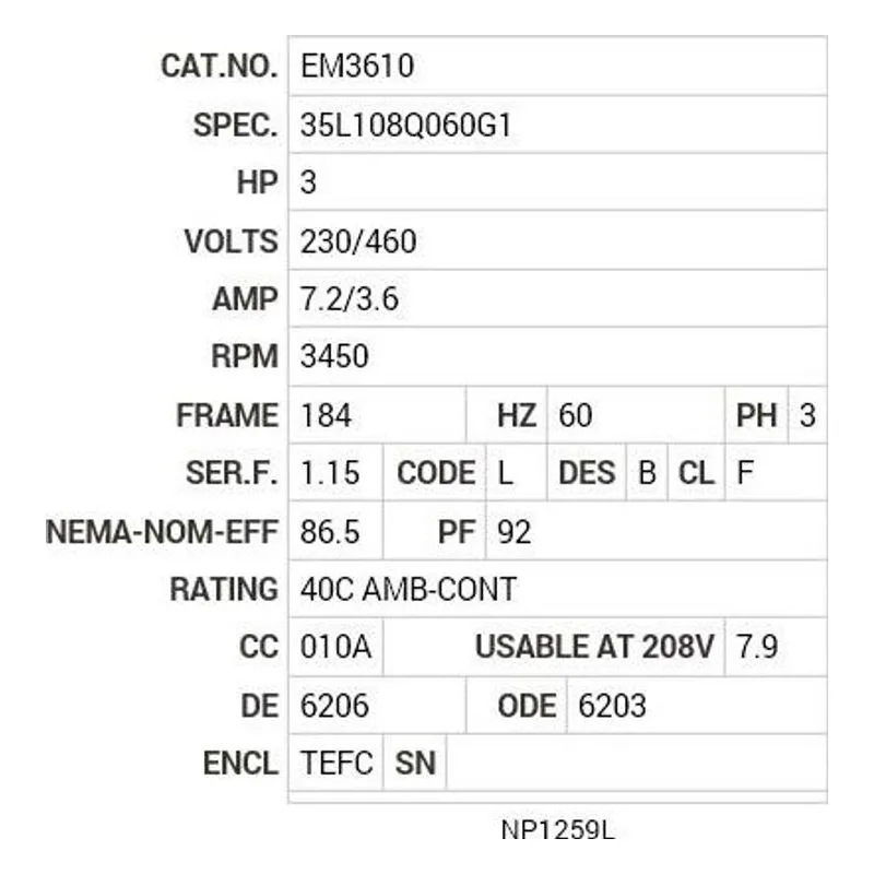 EM3610 Baldor 3 HP, 3450 RPM, 3 PH, 60 HZ, 184, 3532M, TEFC, F1, N Motor Nameplate - view 2
