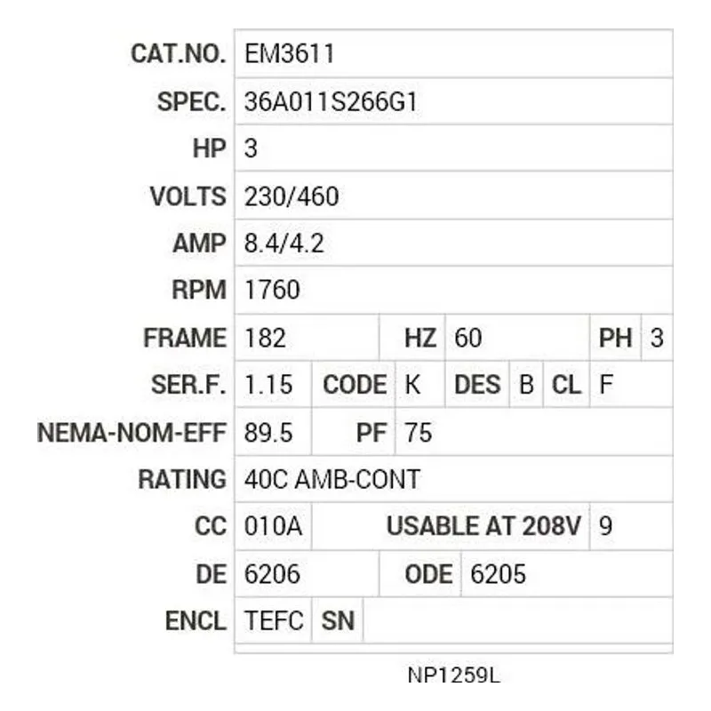 EM3611 Baldor 3 HP, 1760 RPM, 3 PH, 60 HZ, 182, 3631M, TEFC, F1, N Motor Nameplate - view 2