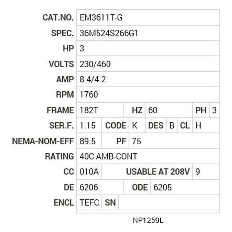 EM3611T-G Baldor 3 HP, 1760 RPM, 3 PH, 60 HZ, 182T, 3631M, TEFC, F1 Motor Nameplate - view 2