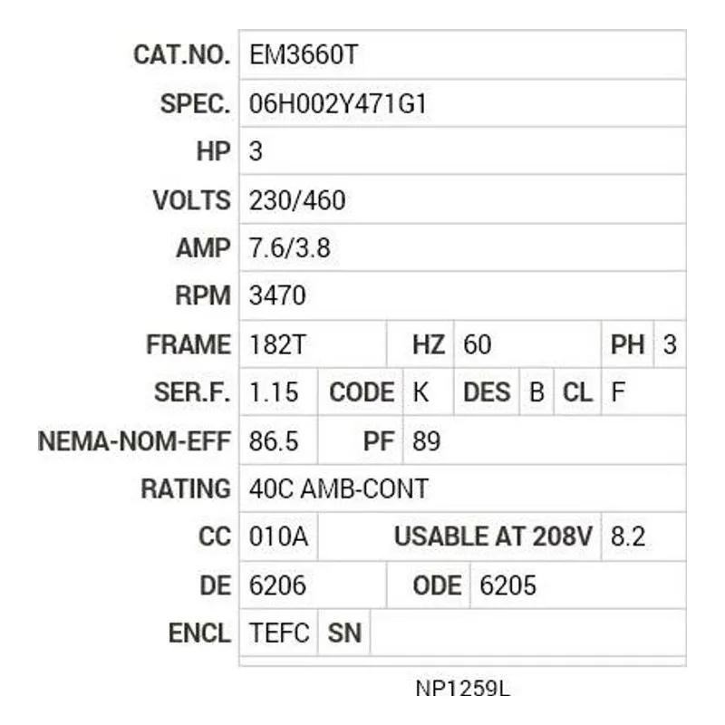 EM3660T Baldor 3 HP, 3470 RPM, 3 PH, 60 HZ, 182T, 0620M, TEFC, F1 Motor Nameplate - view 2