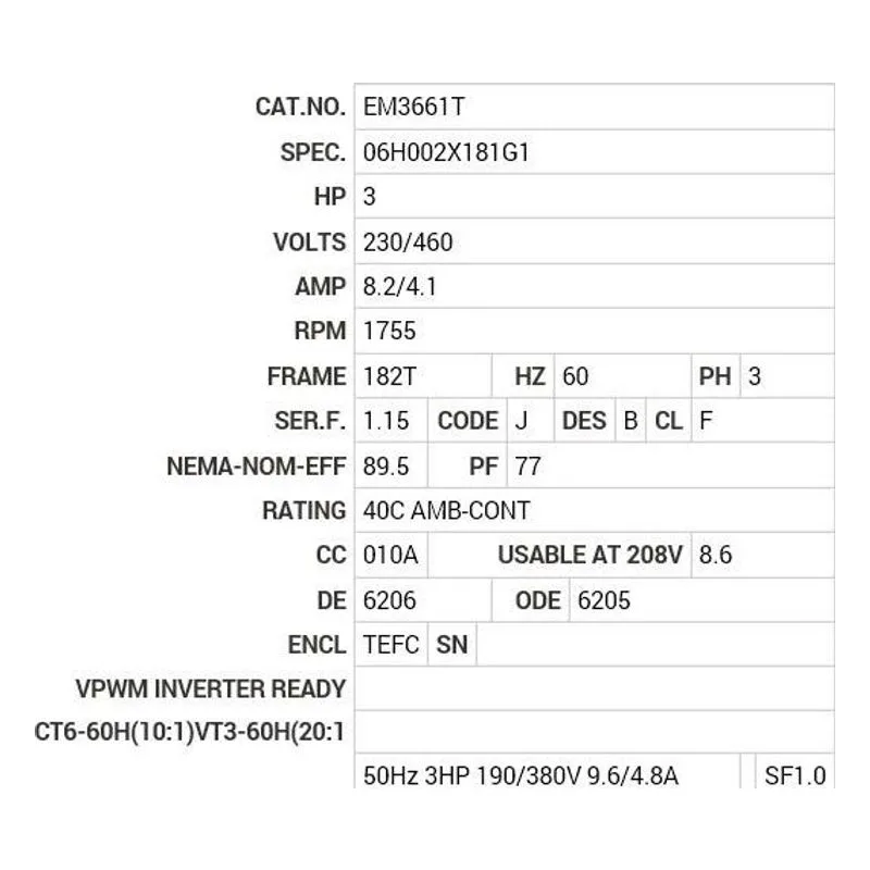 EM3661T Baldor 3 HP, 1755 RPM, 3 PH, 60 HZ, 182T, 0632M, TEFC, F1 Motor Nameplate - view 2