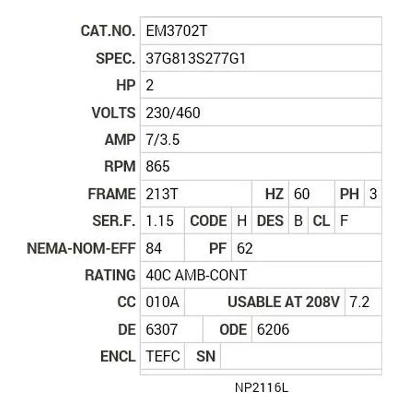 EM3702T Baldor 2 HP, 865 RPM, 3 PH, 60 HZ, 213T, 3732M, TEFC, F1, N Motor Nameplate - view 2