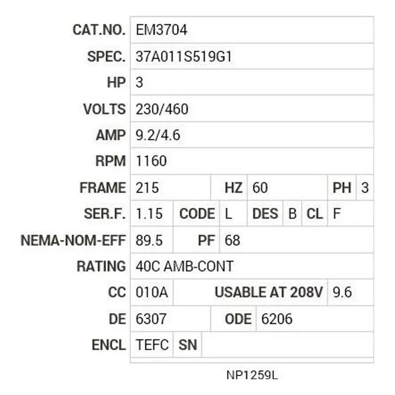 EM3704 Baldor 3 HP, 1160 RPM, 3 PH, 60 HZ, 215, 3739M, TEFC, F1, N Motor Nameplate - view 2
