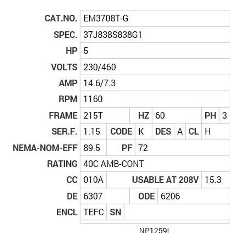 EM3708T-G Baldor 5 HP, 1160 RPM, 3 PH, 60 HZ, 215T, 3748M, TEFC, F1 Motor Nameplate - view 2