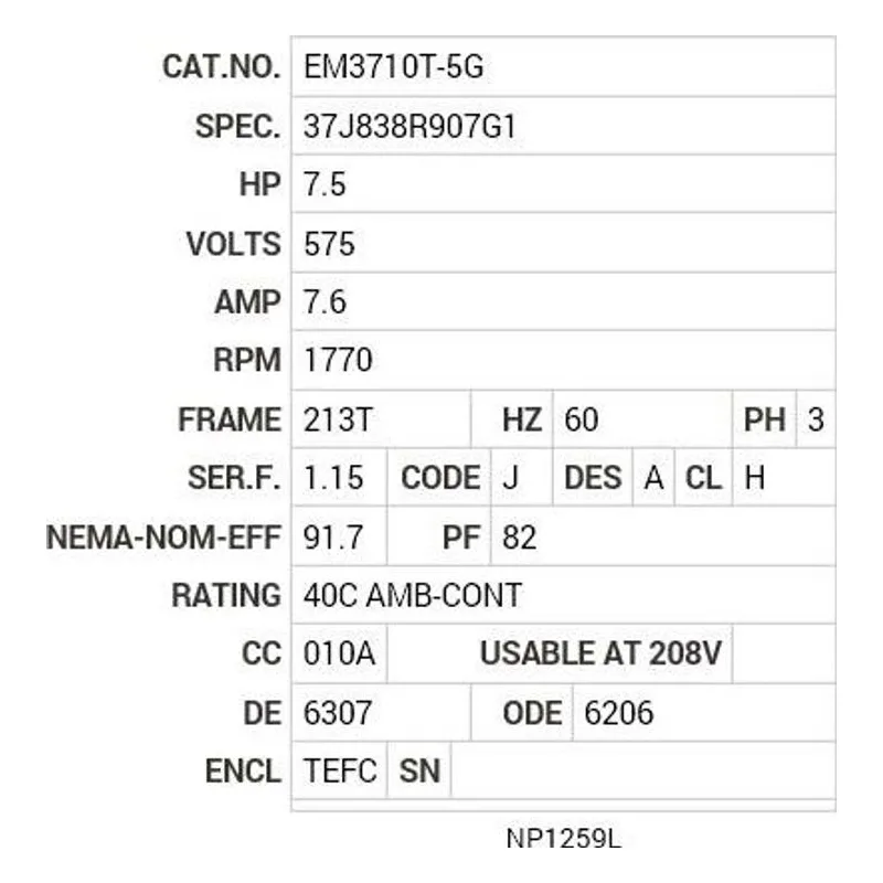 EM3710T-5G Baldor 7.5 HP, 1770 RPM, 3 PH, 60 HZ, 213T, 3738M, TEFC, F Motor Nameplate - view 2