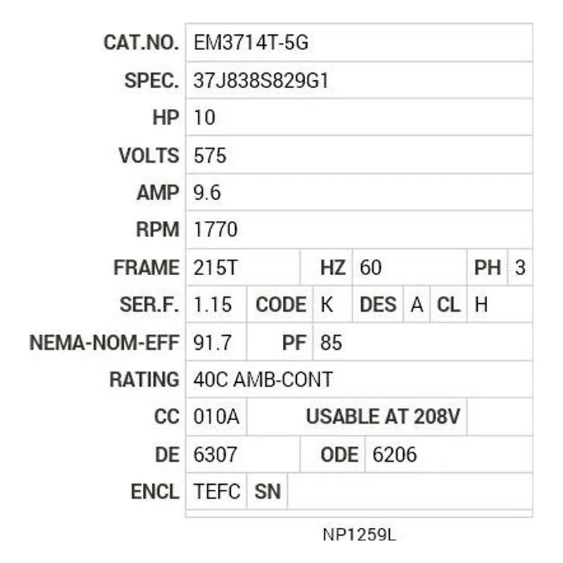 EM3714T-5G Baldor 10 HP, 1770 RPM, 3 PH, 60 HZ, 215T, 3752M, TEFC, F1 Motor Nameplate - view 2
