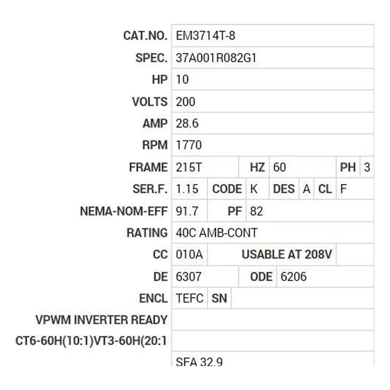 EM3714T-8 Baldor 10 HP, 1770 RPM, 3 PH, 60 HZ, 215T, 3752M, TEFC, F1 Motor Nameplate - view 2