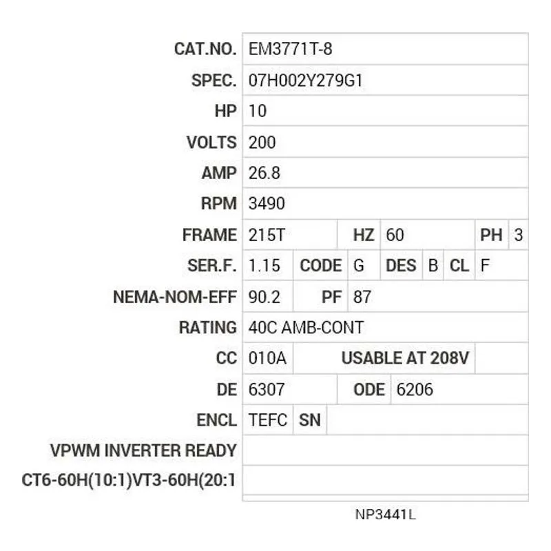 EM3771T-8 Baldor 10 HP, 3490 RPM, 3 PH, 60 HZ, 215T, 0729M, TEFC, F1 Motor Nameplate - view 2