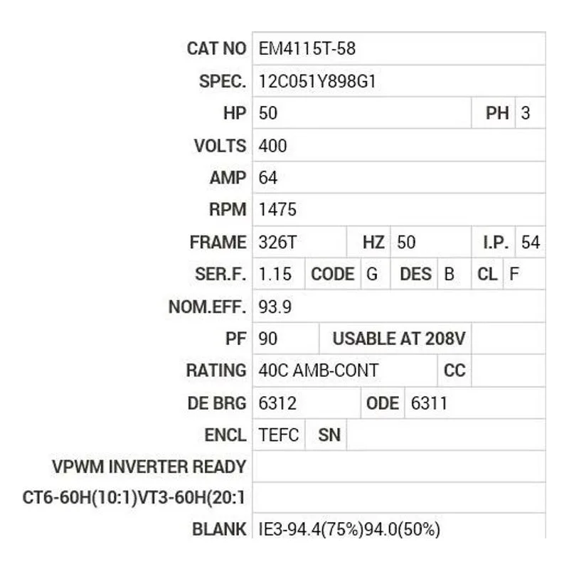 EM4115T-58 Baldor 50 HP, 1475 RPM, 3 PH, 50 HZ, 326T, 1272M, TEFC, F1 Motor Nameplate - view 2