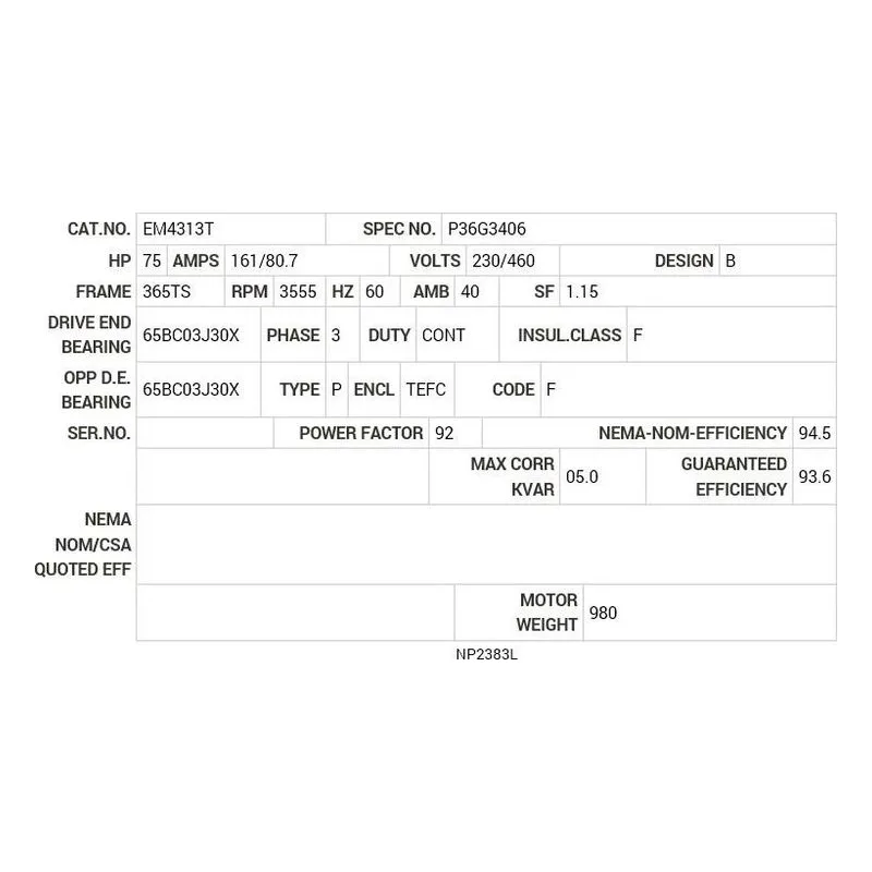 EM4313T Baldor 75 HP, 3550 RPM, 3 PH, 60 HZ, 365TS, 1464M, TEFC, F Motor Nameplate - view 2