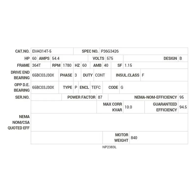 EM4314T-5 Baldor 60 HP, 1780 RPM, 3 PH, 60 HZ, 364T, 1462M, TEFC, F1 Motor Nameplate - view 2
