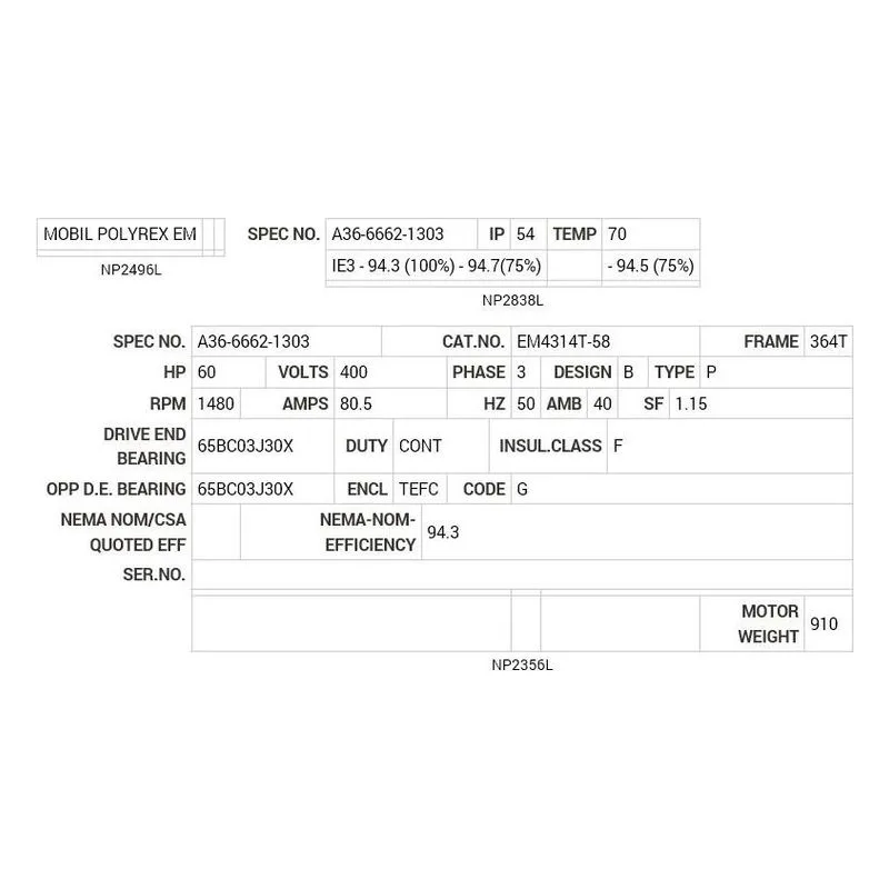 EM4314T-58 Baldor 60 HP, 1480 RPM, 3 PH, 50 HZ, 364T, TEFC, F1 Motor Nameplate - view 2