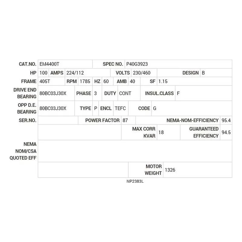 EM4400T Baldor 100 HP, 1785 RPM, 3 PH, 60 HZ, 405T, A40064M, TEFC Motor Nameplate - view 2