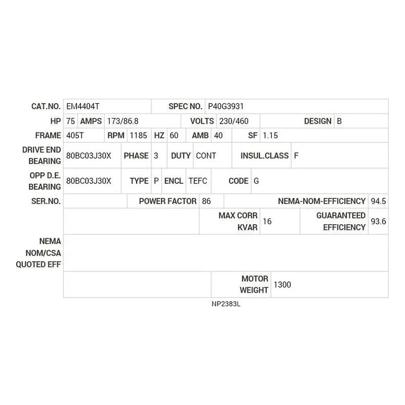 EM4404T Baldor 75 HP, 1185 RPM, 3 PH, 60 HZ, 405T, A4072M, TEFC, F Motor Nameplate - view 2