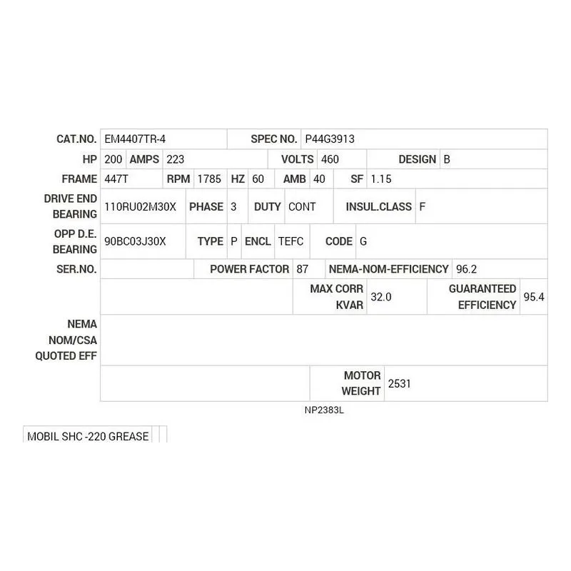 EM4407TR-4 Baldor 200 HP, 1785 RPM, 3 PH, 60 HZ, 447T, A44120M, TEFC Motor Nameplate - view 2