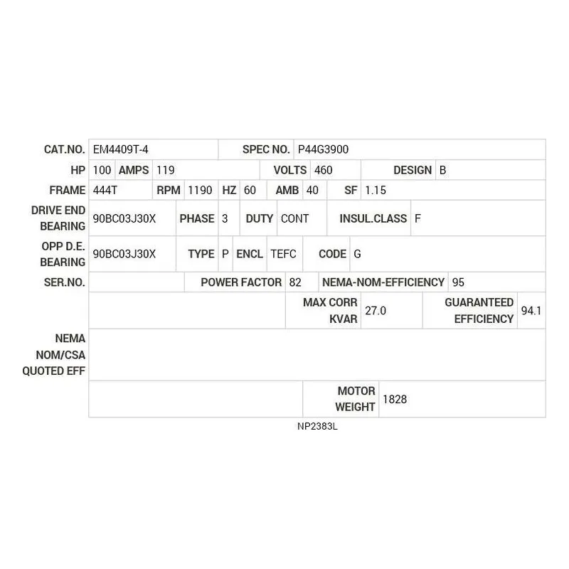 EM4409T-4 Baldor 100 HP, 1190 RPM, 3 PH, 60 HZ, 444T, A44064M, TEFC Motor Nameplate - view 2