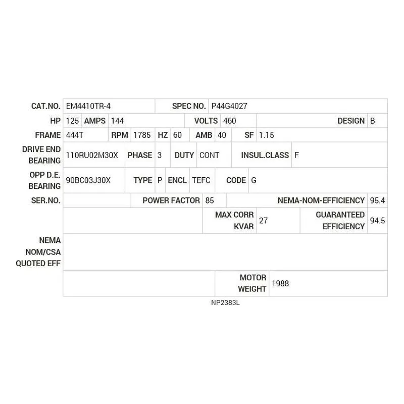 EM4410TR-4 Baldor 125 HP, 1785 RPM, 3 PH, 60 HZ, 444T, A44076M, TEFC Motor Nameplate - view 2