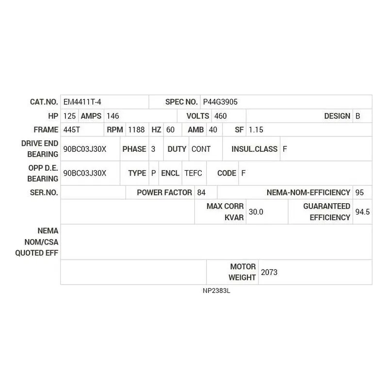 EM4411T-4 Baldor 125 HP, 1188 RPM, 3 PH, 60 HZ, 445T, A44090M, TEFC Motor Nameplate - view 2