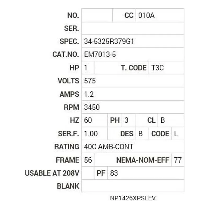 EM7013-5 Baldor 1 HP, 3450 RPM, 3 PH, 60 HZ, 56, 3418M, XPFC, F1, N Motor Nameplate - view 2