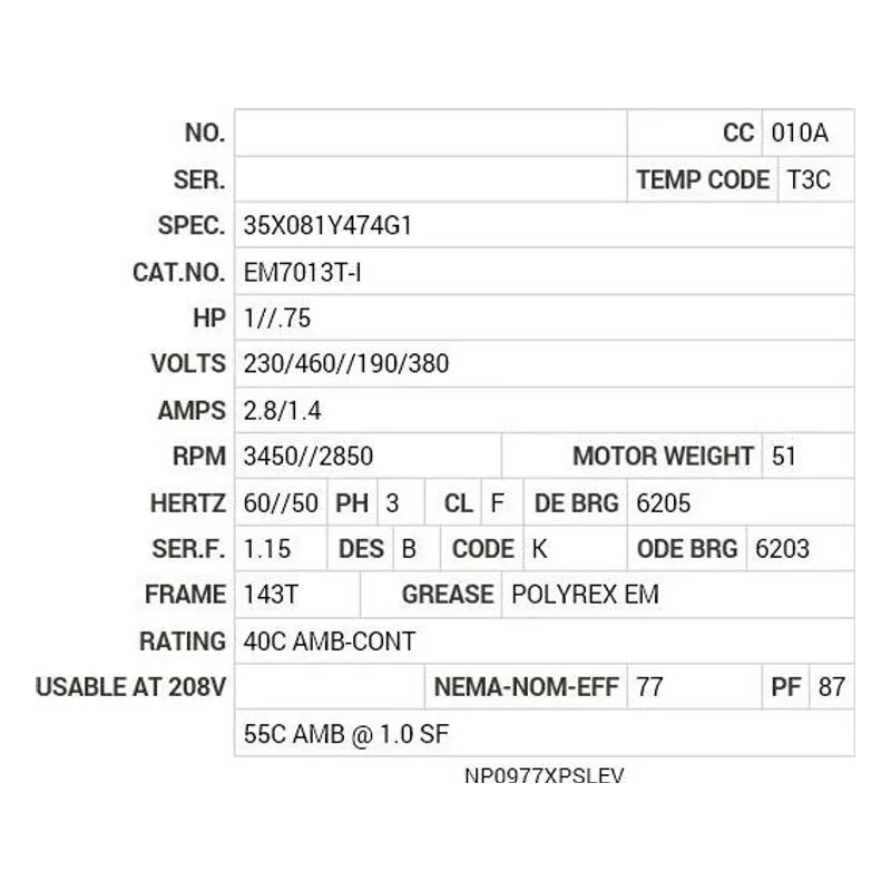EM7013T-I Baldor 1//.75 HP, 3450//2850 RPM, 3 PH, 60//50 HZ, 143T Motor Nameplate - view 2