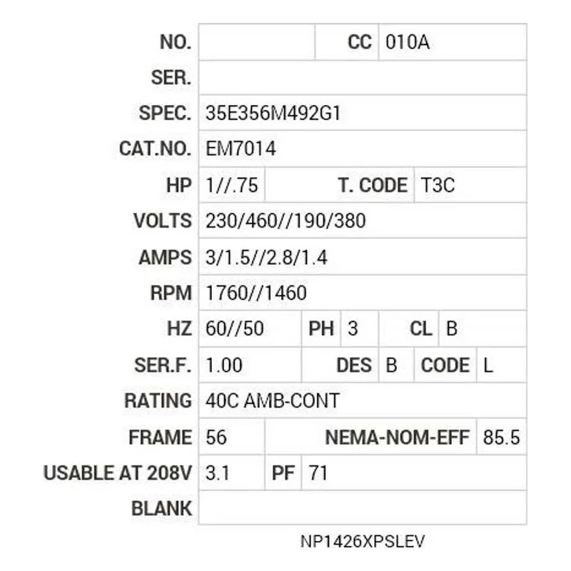 EM7014 Baldor 1//.75 HP, 1760//1460 RPM, 3 PH, 60//50 HZ, 56, 3 Motor Nameplate - view 2