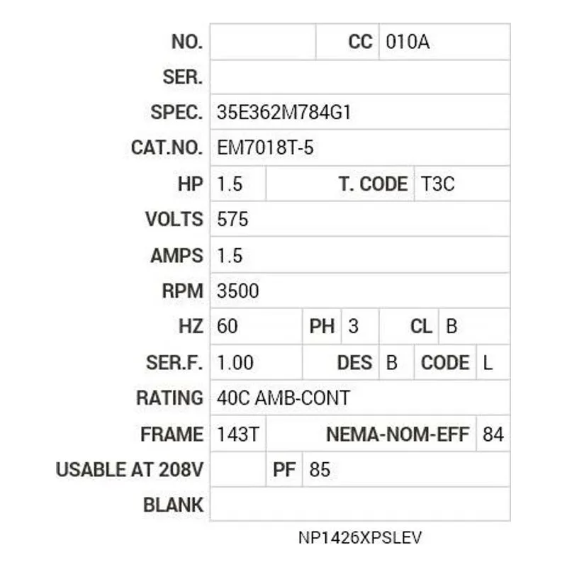 EM7018T-5 Baldor 1.5 HP, 3500 RPM, 3 PH, 60 HZ, 143T, 3520M, XPFC, F Motor Nameplate - view 2