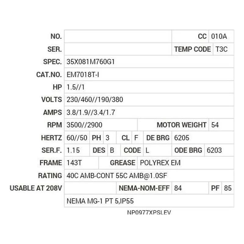 EM7018T-I Baldor 1.5//1 HP, 3500//2900 RPM, 3 PH, 60//50 HZ, 143T Motor Nameplate - view 2