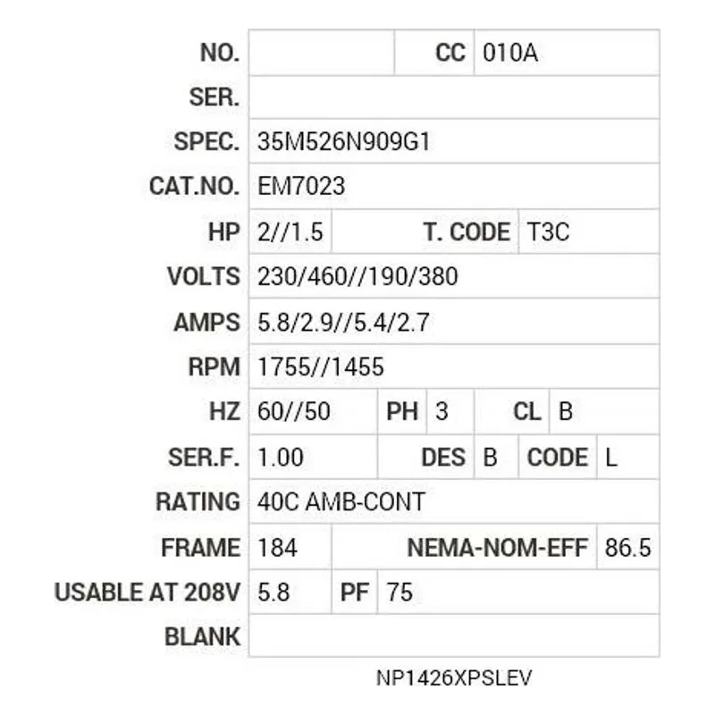 EM7023 Baldor 2//1.5 HP, 1755//1455 RPM, 3 PH, 60//50 HZ, 184 Motor Nameplate - view 2