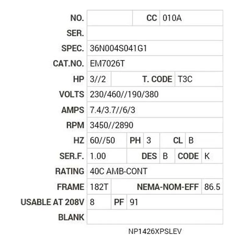 EM7026T Baldor 3//2 HP, 3450//2890 RPM, 3 PH, 60//50 HZ, 182T, 3 Motor Nameplate - view 2