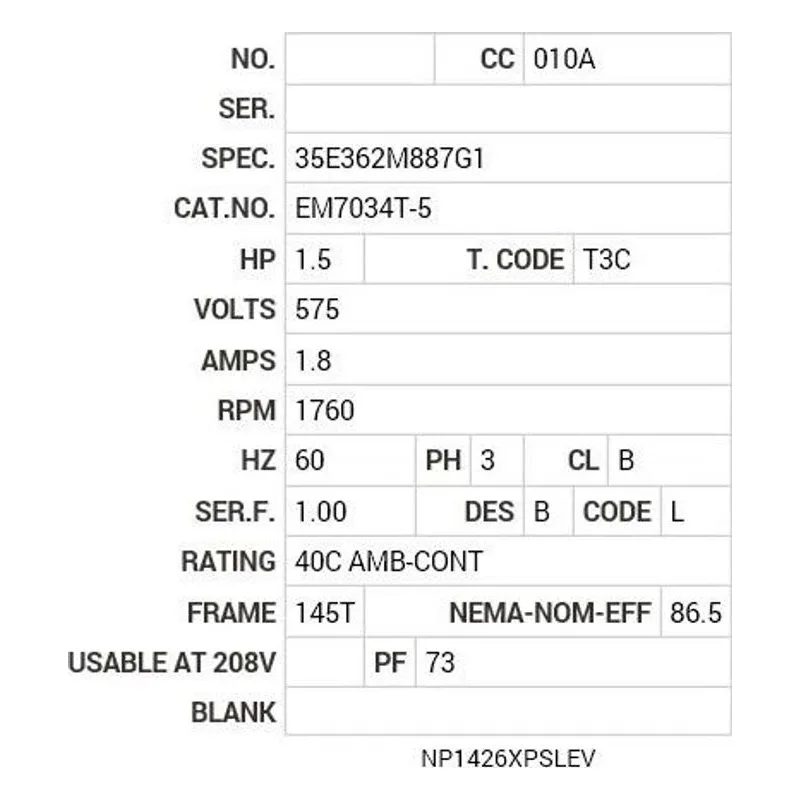 EM7034T-5 Baldor 1.5 HP, 1760 RPM, 3 PH, 60 HZ, 145T, 3526M, XPFC, F Motor Nameplate - view 2