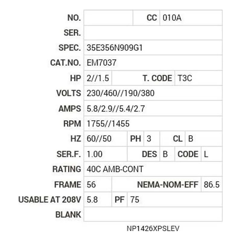 EM7037 Baldor 2//1.5 HP, 1755//1455 RPM, 3 PH, 60//50 HZ, 56, 3 Motor Nameplate - view 2