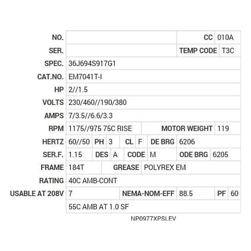 EM7041T-I Baldor 2//1.5 HP, 1175//975 75C RISE RPM, 3 PH, 60//5 Motor Nameplate - view 2