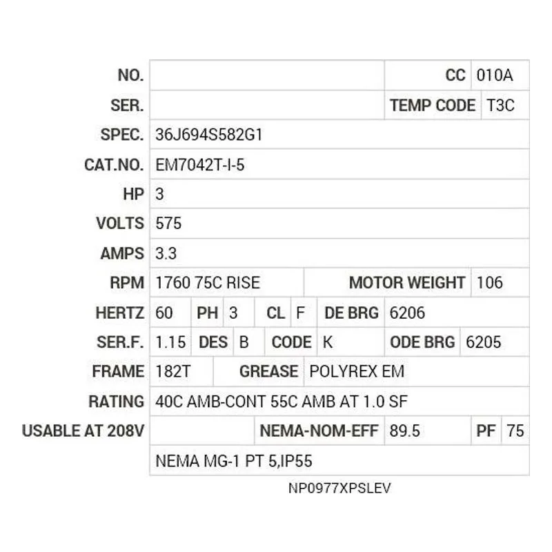 EM7042T-I-5 Baldor 3 HP, 1760 75C RISE RPM, 3 PH, 60 HZ, 182T, 3631M Motor Nameplate - view 2