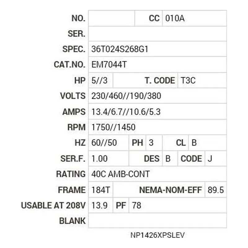 EM7044T Baldor 5//3 HP, 1750//1450 RPM, 3 PH, 60//50 HZ, 184T, 3 Motor Nameplate - view 2