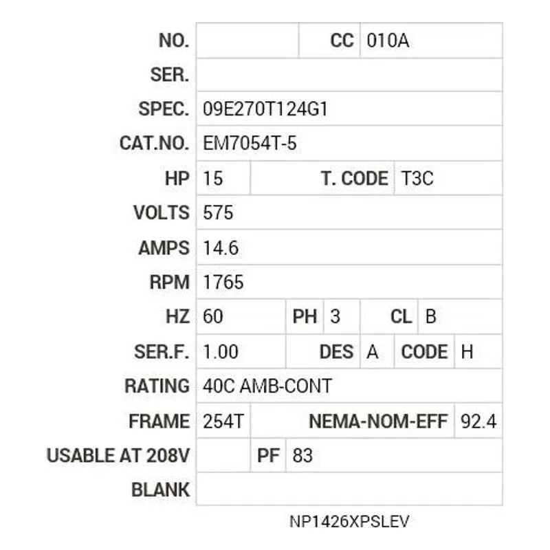 EM7054T-5 Baldor 15 HP, 1765 RPM, 3 PH, 60 HZ, 254T, 0944M, XPFC, F1 Motor Nameplate - view 2