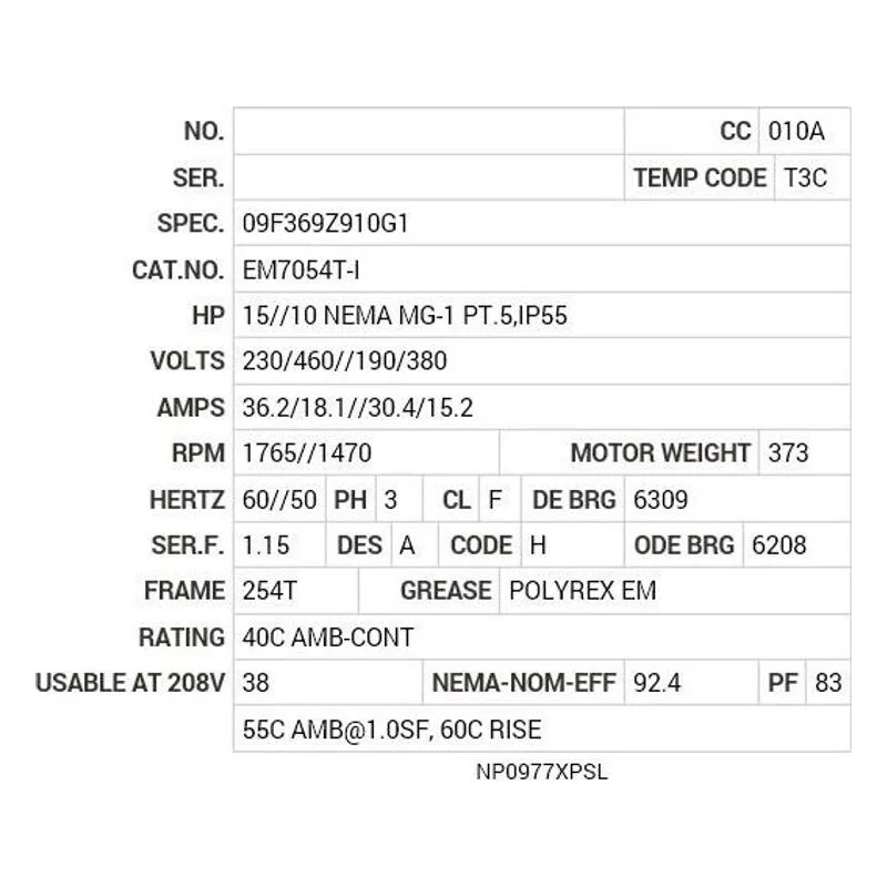 EM7054T-I Baldor 15//10 HP, 1765//1470 RPM, 3 PH, 60//50 HZ, 254T Motor Nameplate - view 2
