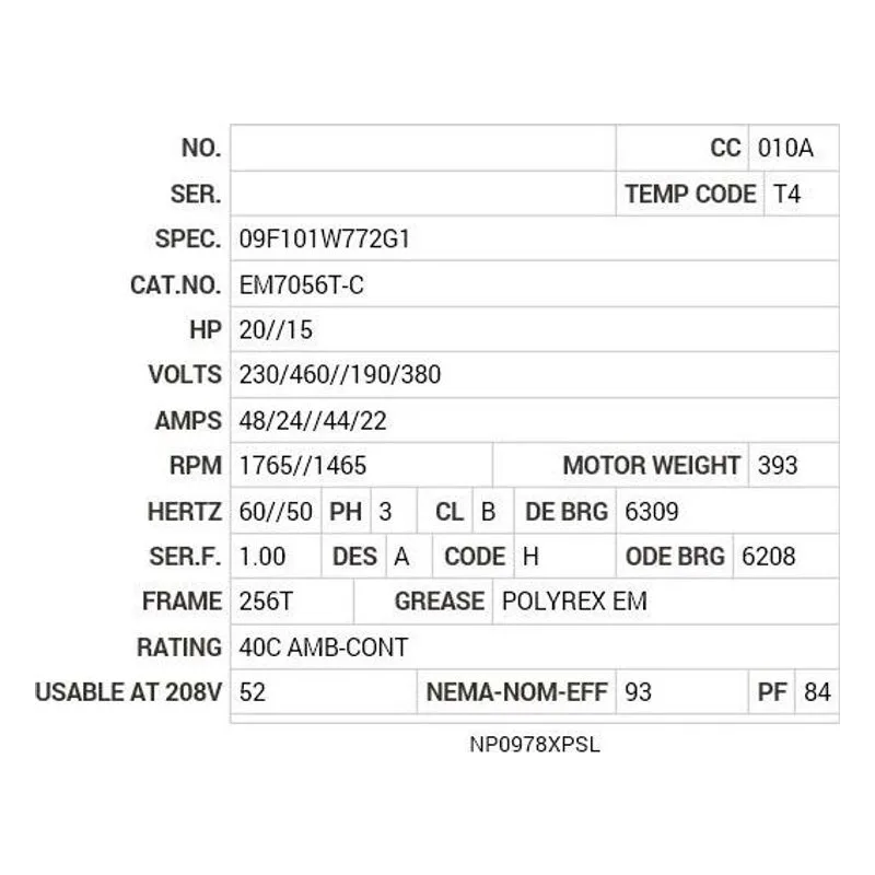 EM7056T-C Baldor 15/20 HP, 1465/1765 RPM, 3 PH, 50/60 HZ, 256T Motor Nameplate - view 2