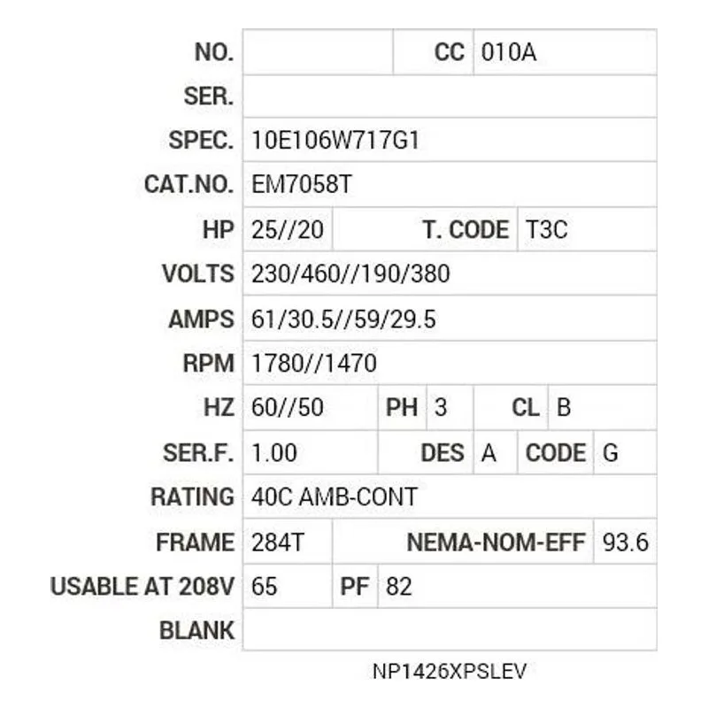 EM7058T Baldor 20/25 HP, 1470/1780 RPM, 3 PH, 50/60 HZ, 284T Motor Nameplate - view 2