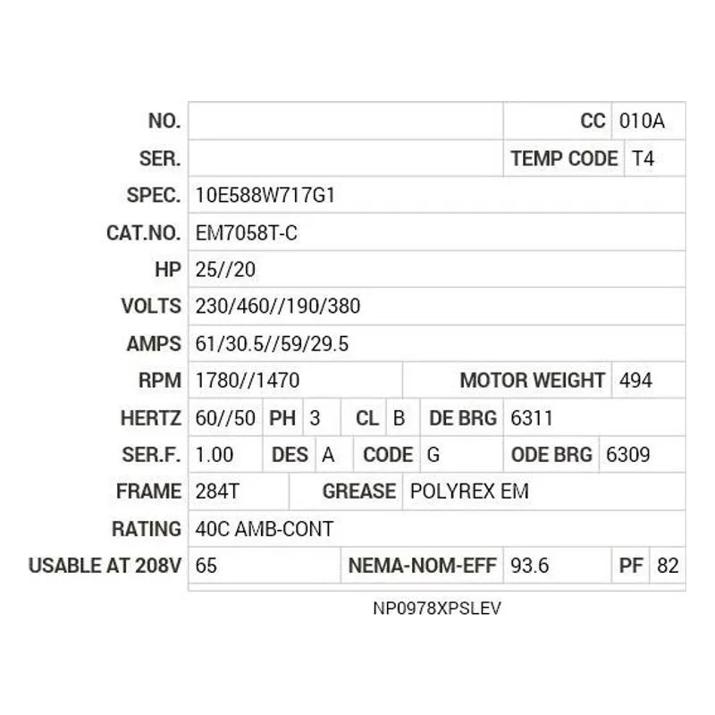 EM7058T-C Baldor 20/25 HP, 1470/1780 RPM, 3 PH, 50/60 HZ, 284T Motor Nameplate - view 2