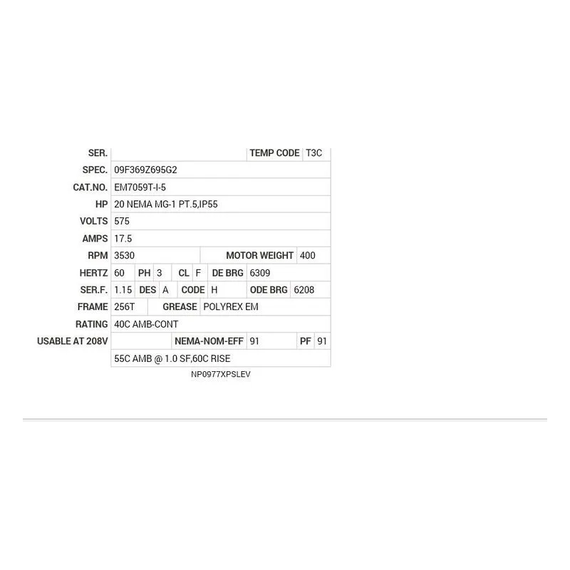 EM7059T-I-5 Baldor 20 HP, 3530 RPM, 3 PH, 60 HZ, 256T, 0950M, XPFC, F1 Motor Nameplate - view 2
