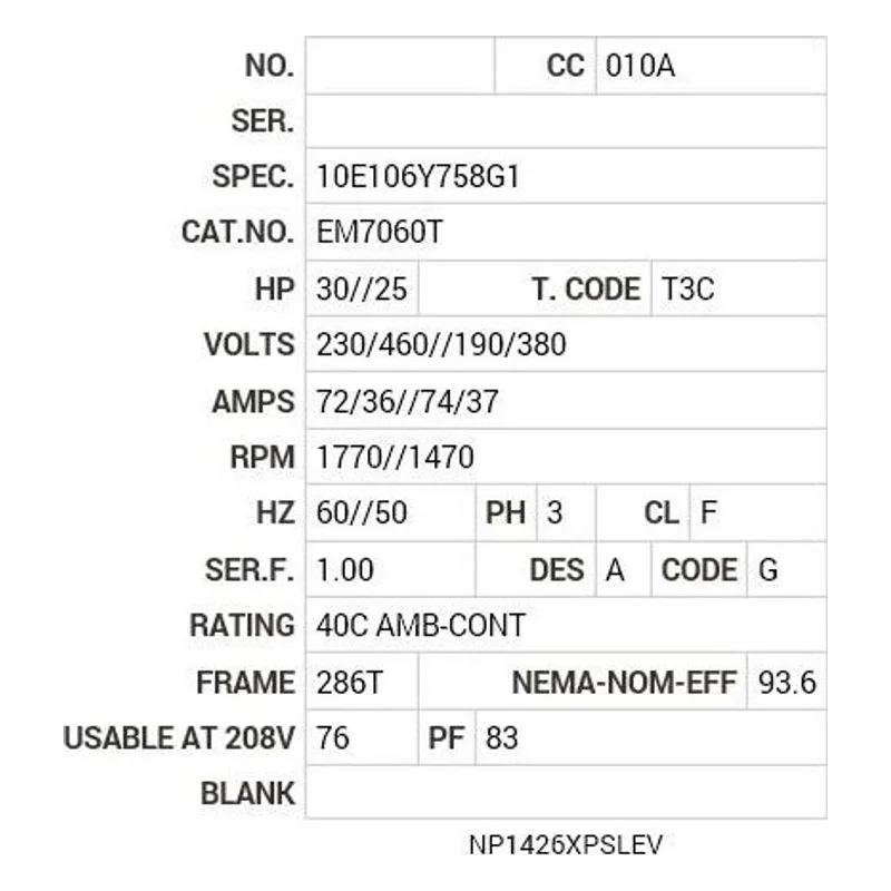 EM7060T Baldor 30//25 HP, 1770//1470 RPM, 3 PH, 60//50 HZ, 286T Motor Nameplate - view 2